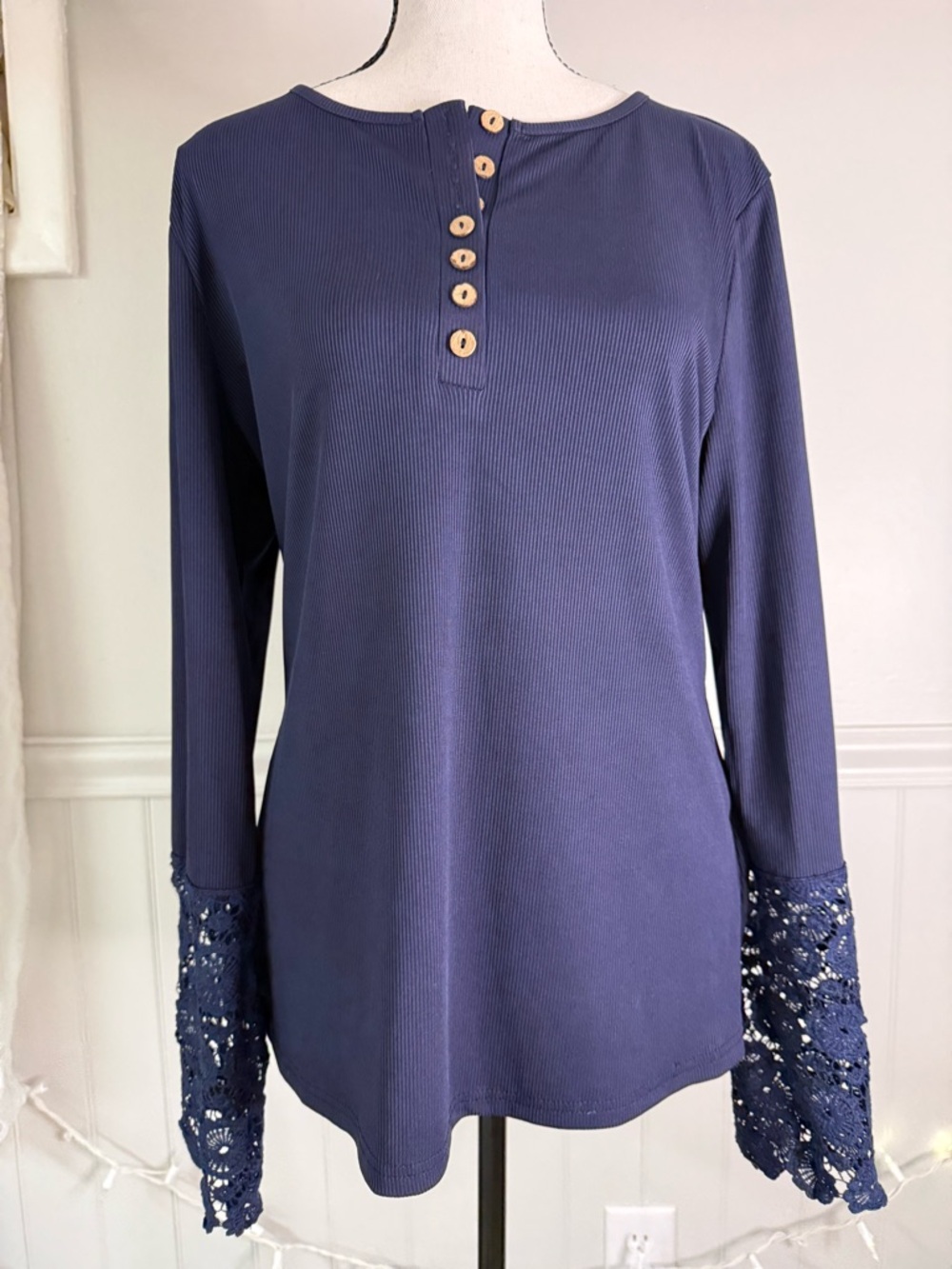 NWOT Women's Navy Lace Cuff Half Button Henley Top